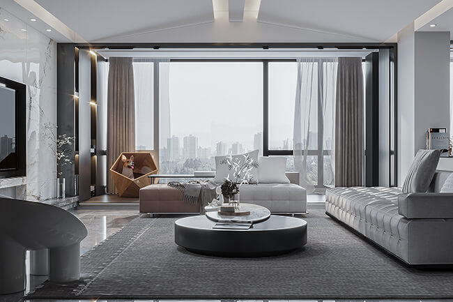 Modern four-bedroom apartment living room with large window and neutral color scheme.