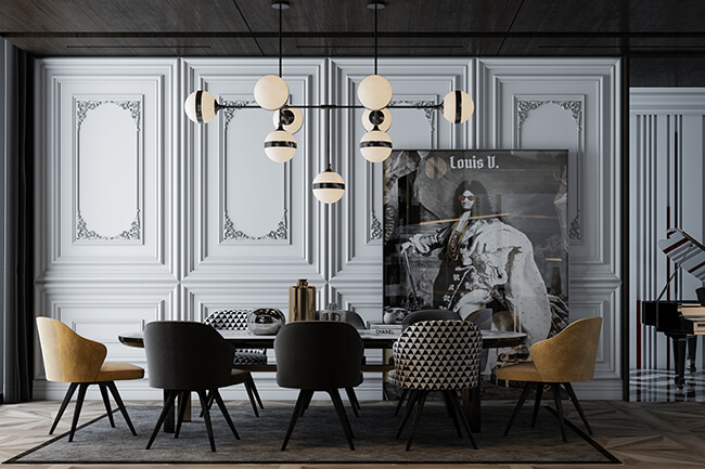 a dining room with a table, chairs and a piano