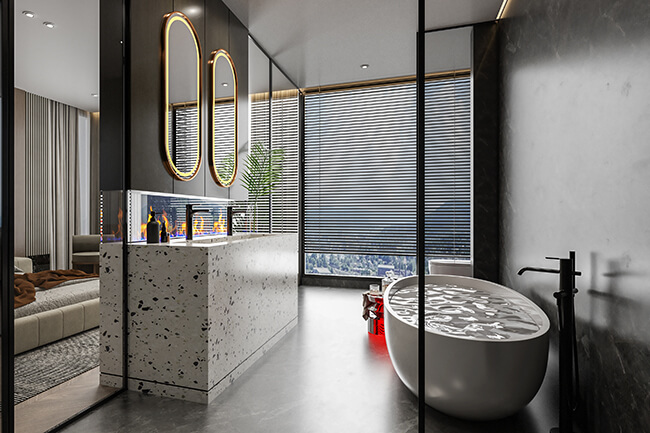 A modern Luxury bathroom vanity with a white countertop and sink, and a smart mirror